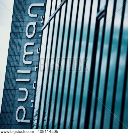 Bucharest, Romania - January 20, 2021: The Pullman Hotel Logo Can Be Seen On The Building Of Pullman