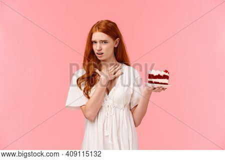 Girl Dislike Dessert, Express Aversion And Disappoinment, Touching Neck As Willing Puke From Awful T