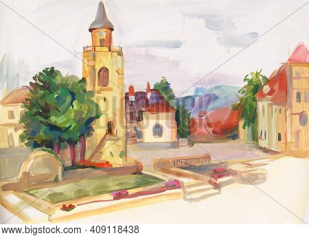 Landscape Painted With Gouache On Paper. Etude Sketch Performed In The Open Air. Romania, Piatra Nea