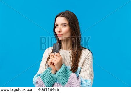 Thoughtful And Sly Attractive Girl Stole Dads Credit Card And Thinking How Waste Money, Imaging Some