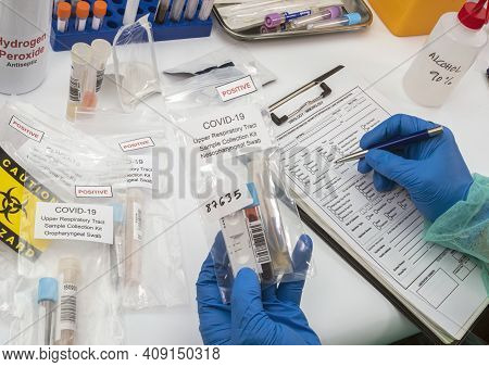 Nurse Analyses Positive Pcr Tests Of Covid-19 In A Hospital Laboratory, Conceptual Image