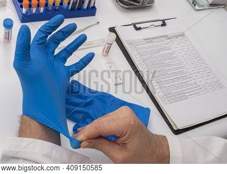 Nurse Placing Latex Glove To Analyze Positive Covid-19 Test Results Of Infected Persons, Conceptual 