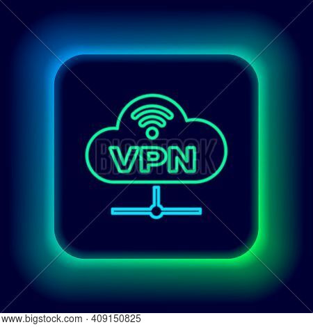 Glowing Neon Line Vpn Network Cloud Connection Icon Isolated On Black Background. Social Technology.