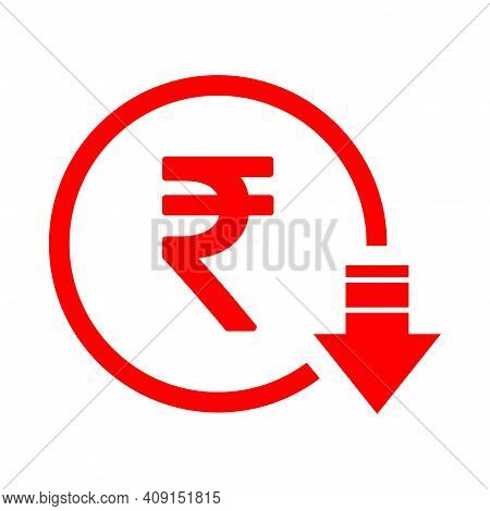 Rupee Reduction Symbol, Cost Decrease Icon. Reduce Debt Bussiness Sign Vector Illustration .