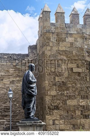 Cordoba, Spain - October 10, 2019: Statue Of Lucio Anneo Seneca Near The Puerta De Almodovar, Cordob