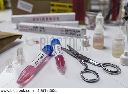 Hematological Analysis With Forensic Test Kit In A Murder In A Crime Lab, Conceptual Image