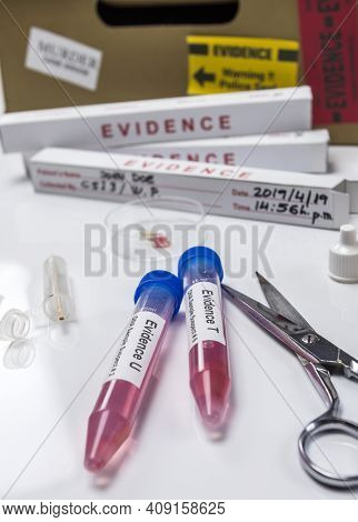 Hematological Analysis With Forensic Test Kit In A Murder In A Crime Lab, Conceptual Image