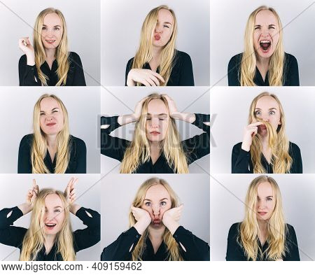 Nine Frames In One Shot. The Blonde Girl Shows Different Emotions. From Sadness To Madness. Shouts, 