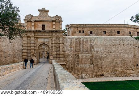 Mdina, Malta - February 21 2015: Mdina Gate, Aka The Main Gate Or The Vilhena Gate. It Is The Main G