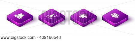 Set Isometric Cold Beer Can, Bottle, Ice Bucket And Wooden Barrel On Rack Icon. Vector