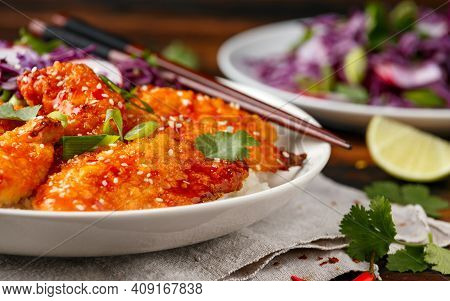 Korean Fried Chicken With Red Cabbage Salad And White Rice. Asian Food
