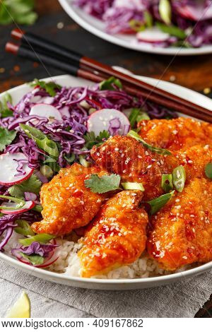 Korean Fried Chicken With Red Cabbage Salad And White Rice. Asian Food