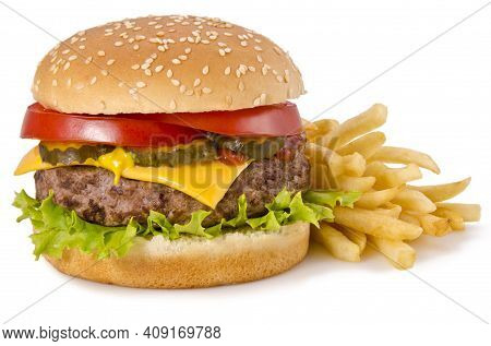 Elicious Burger With Sauce. Hamburger. Delicious Grilled Angus Burger With Cheese, Salad And Tomatoe