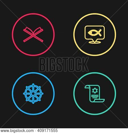 Set Line Dharma Wheel, Torah Scroll, Christian Fish And Holy Book Of Koran Icon. Vector