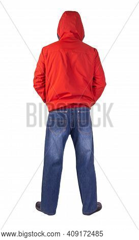 Dark Blue Jeans, Black Leather Shoes,red Jacket With A Hood Isolated On White Background. Casual Sty