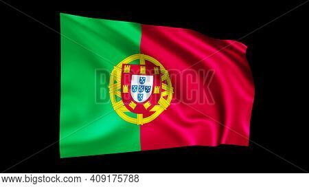The flag of Portugal isolated on black, realistic 3D wavy Portuguese flag render illustration.
