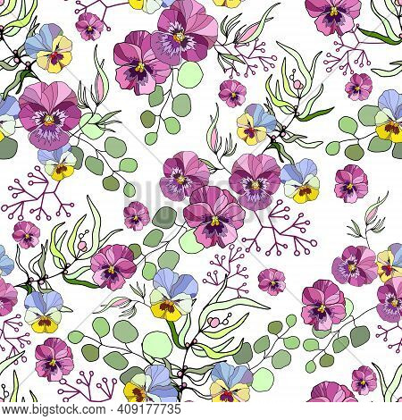 Seamless Pattern Of Pancy Flowers. Floral Background For Textile, Shawl Design, Book And Diary Cover
