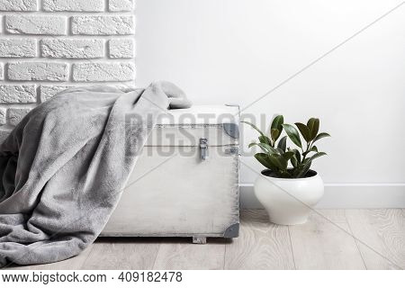White Wooden Box With Gray Soft Fleece Blanket On It And Young Rubber Plant In White Flower Pot. Whi