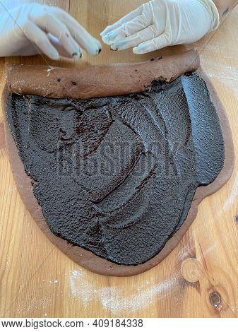 Preparing And Making Sweet Homemade Chocolate Babka Bread Cake. Cozonac Swirl Sourdough Brioche.