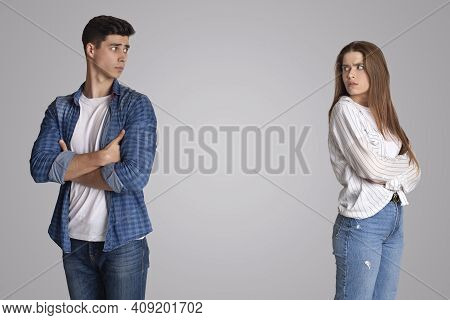 Negative Emotions, Quarrel, Grievances And Disagreements. Offended Young Male And Female With Crosse