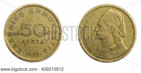Greece Fifty Lepta Coin On White Isolated Background