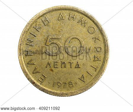 Greece Fifty Lepta Coin On White Isolated Background