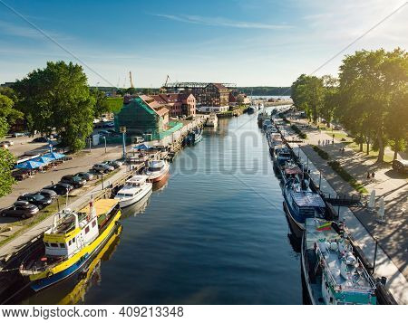 Klaipeda, Lithuania - August 9, 2020: Aerial View Of Beautiful Yachts By The Pier In The Yacht Club