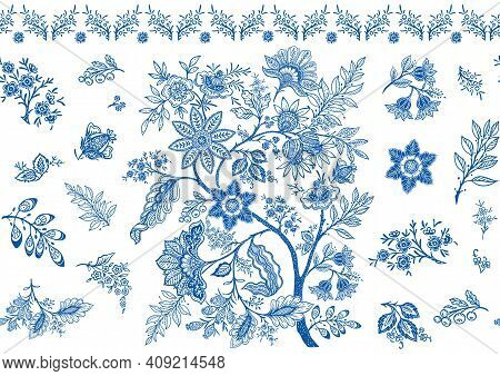 Fantasy Flowers In Retro, Vintage, Jacobean Embroidery Style. Seamless Pattern, Background. Vector I