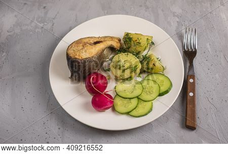 Light Lunch With Sea Trout, Potatoes, Cucumbers, Radishes And Herbs
