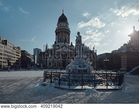 Gendarmenmarkt Square In Berlin With German Cathedral, Or Deutsche Dom In German. Schiller Monument,