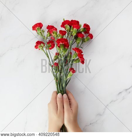 Beaytiful Carnation Flowers With Hands On Marble Background. Top View