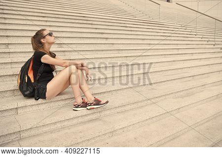 Follow Your Dream It Knows Way. Tired Traveler Relax On Stairs. Pretty Girl Dream And Fantasy. Cute 
