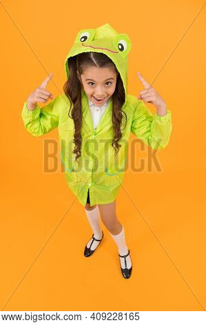 Rainproof Accessories Make Rainy Fall Day Pleasant. Waterproof Accessory. Kid Girl Happy Wear Rainco
