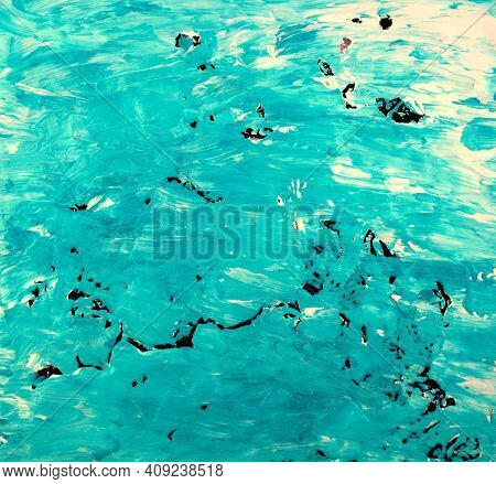 Hand Drawn, Handmade. Blue, Green Turquoise With White Acrylic Vivid Summer Colorful Colors On Black