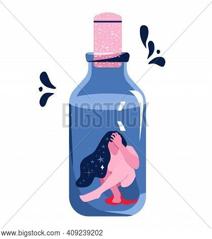 Young Woman Is Bleeding In Glass Vial With Cork.miscarriage,compelled Forced Abortion.medical Poster