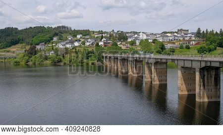Landscape View Of Famous Bridge And Historical Town In Portomarin On Santiago Way Route, Spain Galic