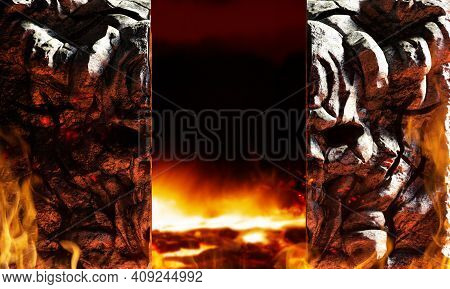 3d Render Illustration Of Fantasy Horned Demon Skull Helish Gates Opening With Fire Background.