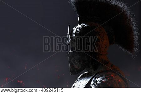 3d Render Illustration Of Stone Spartan Warrior In Helmet Statue On Dark Background.
