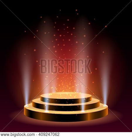 Awards Empty Pedestal. Successful Emptiness Gold Stage Spotlights Iluminated, Contest Celebration Or