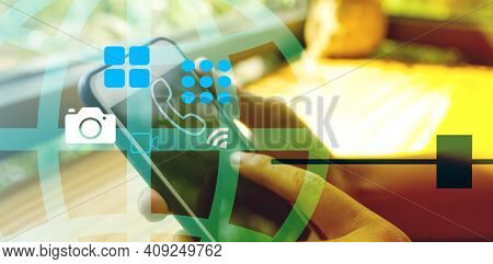 The Hand That Is Pressing The Smartphone Concept Of Communication Technology And Business.