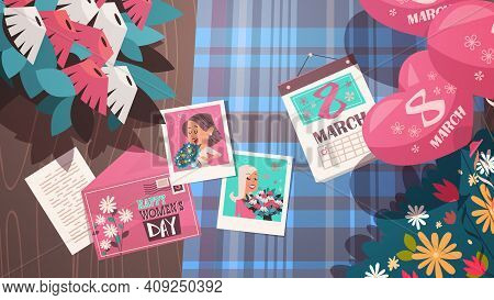 Womens Day 8 March Holiday Celebration Concept Photos Envelope Calendar Flowers And Air Balloons On 