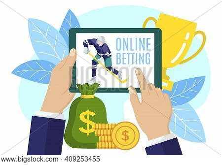 Online Betting Sports Game. Man Holdiing Tablet Screen And Watching Online Sports Broadcast. Hockey 