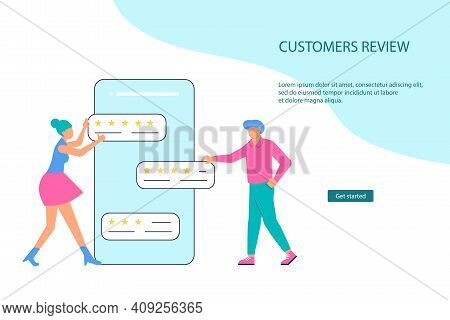 Landing Webpage Template Of Customer Review And Satisfaction Rating. Tiny People With Comment Giving