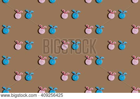 Bunny Pattern. Seamless Background. Cute Ornament For Kids. Pink Blue Rabbit Couple Design Gingerbre