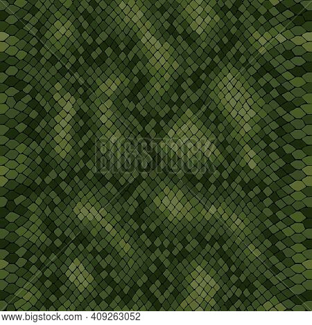 Python Skin Seamless Vector Texture. Green Tone Colors Snake Pattern Ornament For Textile Fabric. Ar
