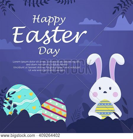 Vector Happy Easter Illustration With Funny Bunny. Spring Nature, Flowers, Ornate Easter Egg. Banner