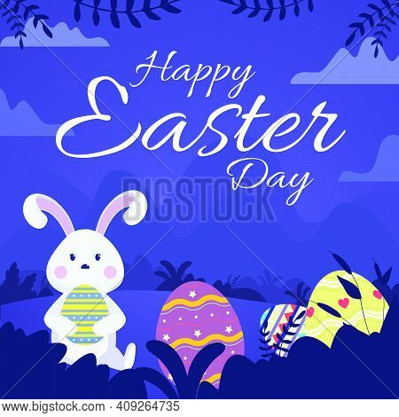 Vector Happy Easter Illustration With Funny Bunny. Spring Nature, Flowers, Ornate Easter Egg. Banner