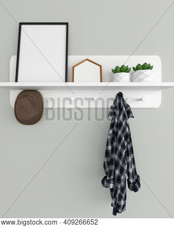 Home interior poster mock up with vertical metal frame with hanging hat and flanel shirt and ornamental plants in pots