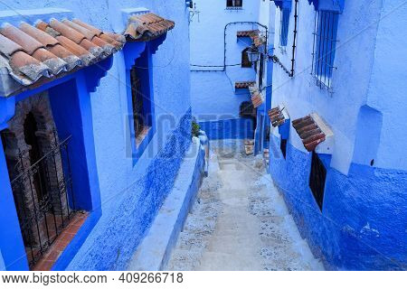 View Of The Blue Walls Of Medina Quarter In Chefchaouen, Morocco. The City, Also Known As Chaouen Is