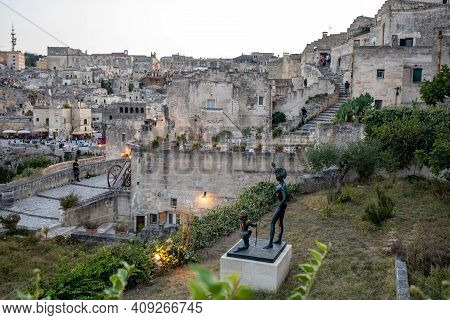 Matera; Italy - September 17; 2019: Evening View Of The City Of Matera; Italy; With The Colorful Lig
